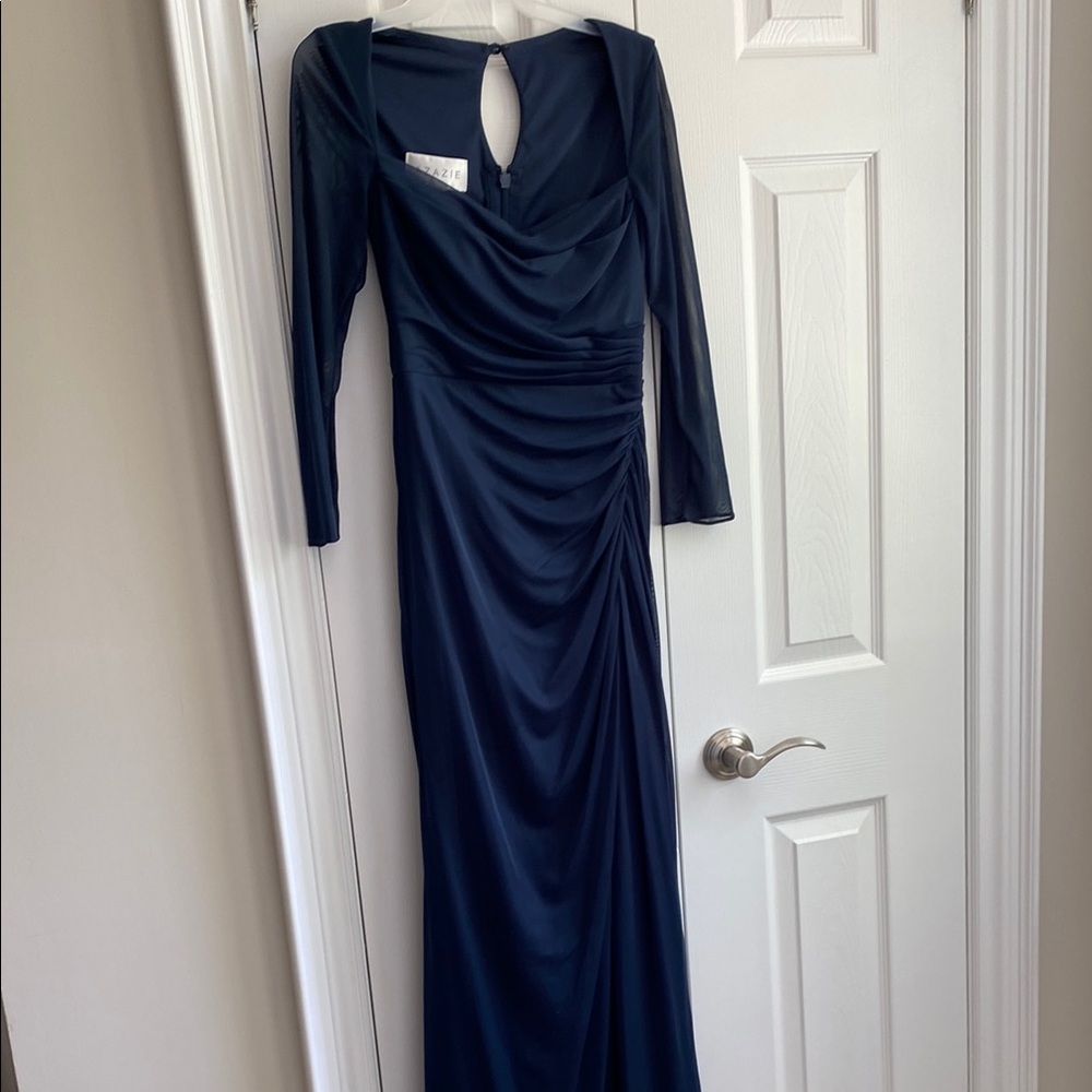 Azazie Blue Ruched Backless Long Sleeve Gown
